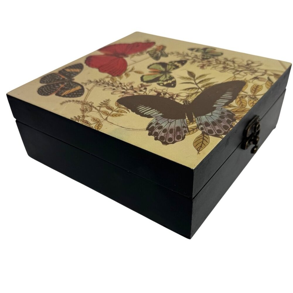 Floral Butterfly Wooden Storage Box VTG Inspired Metal Latch Vanity Keepsake